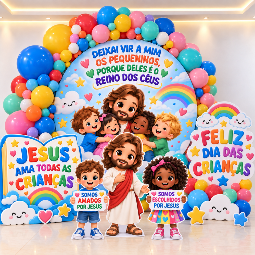 DECORAÇÃO DIA DAS CRIANÇAS. DEIXAI VIR A MIM OS PEQUENINOS PORQUE DELES É O REINO DOS CÉUS.